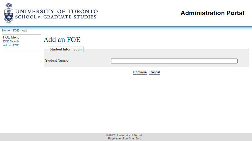 "Add an FOE" page on the SGS Administration Portal, University of Toronto. There is a form titled "Student Information" with a "Student Number" text field.