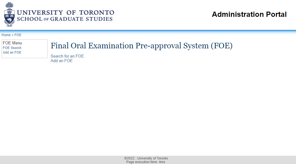 Landing page of the Final Oral Examination Pre-approval System, SGS Administration University Portal, University of Toronto.