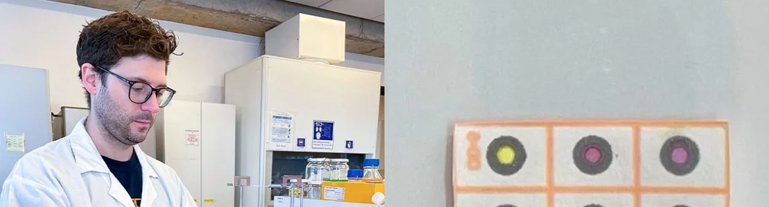 Justin Vigar, pictured here in a lab in South America, is developing paper-based diagnostics like the paper chip shown on the right, where each dot represents a different test